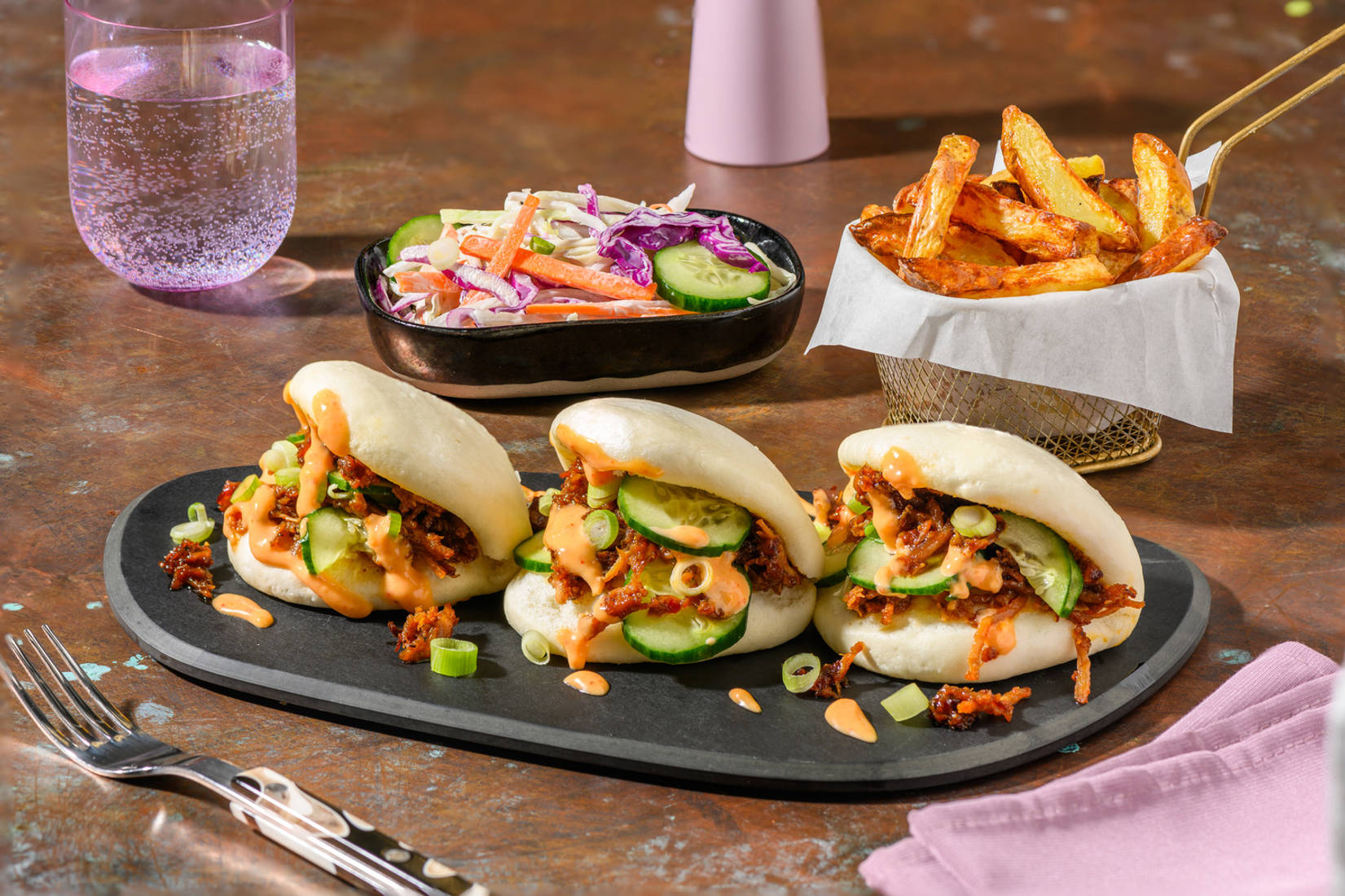 Teriyaki Pulled Pork Bao and Spiced Chips