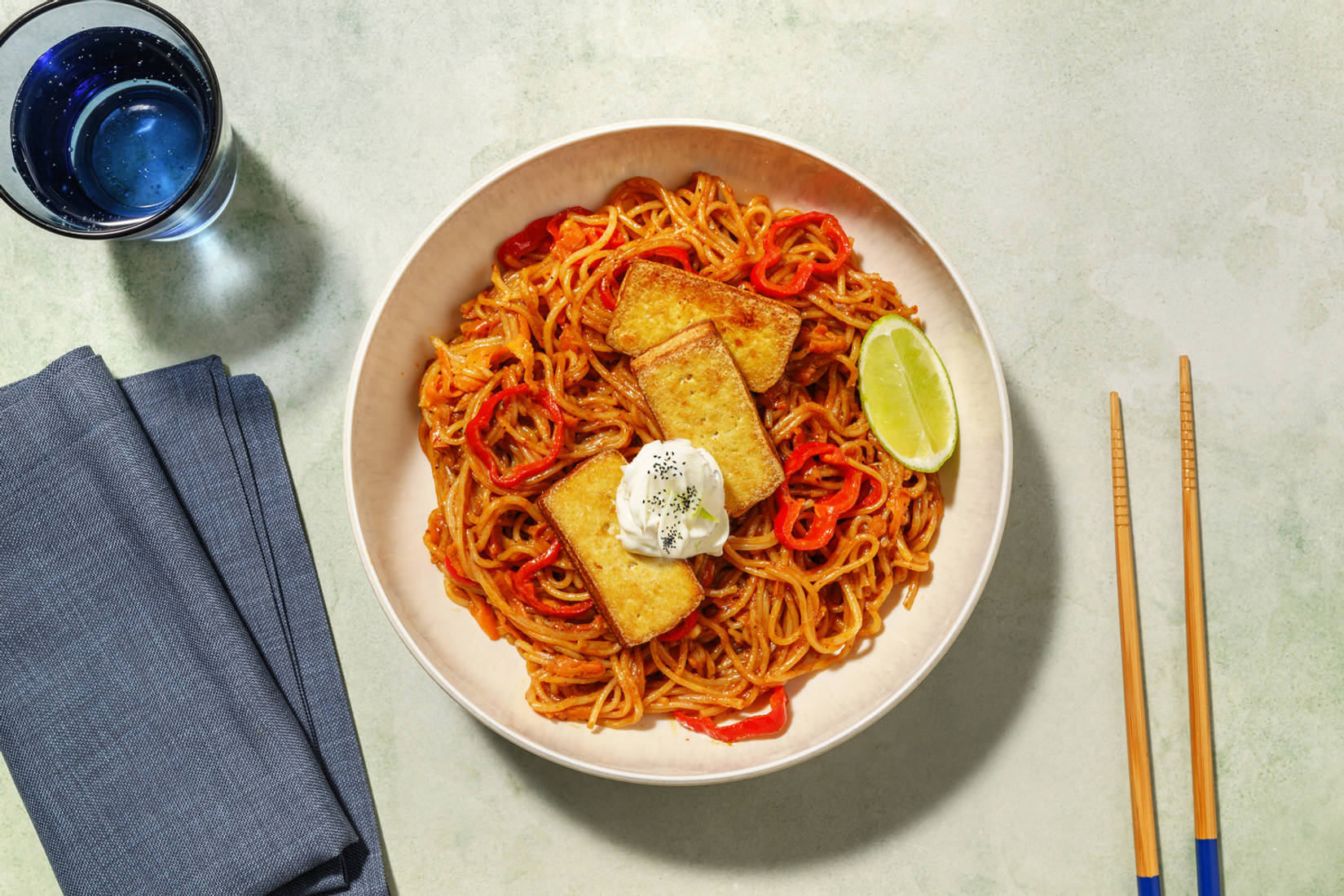 Fettucine mit crispy Sweet Chili Tofu
