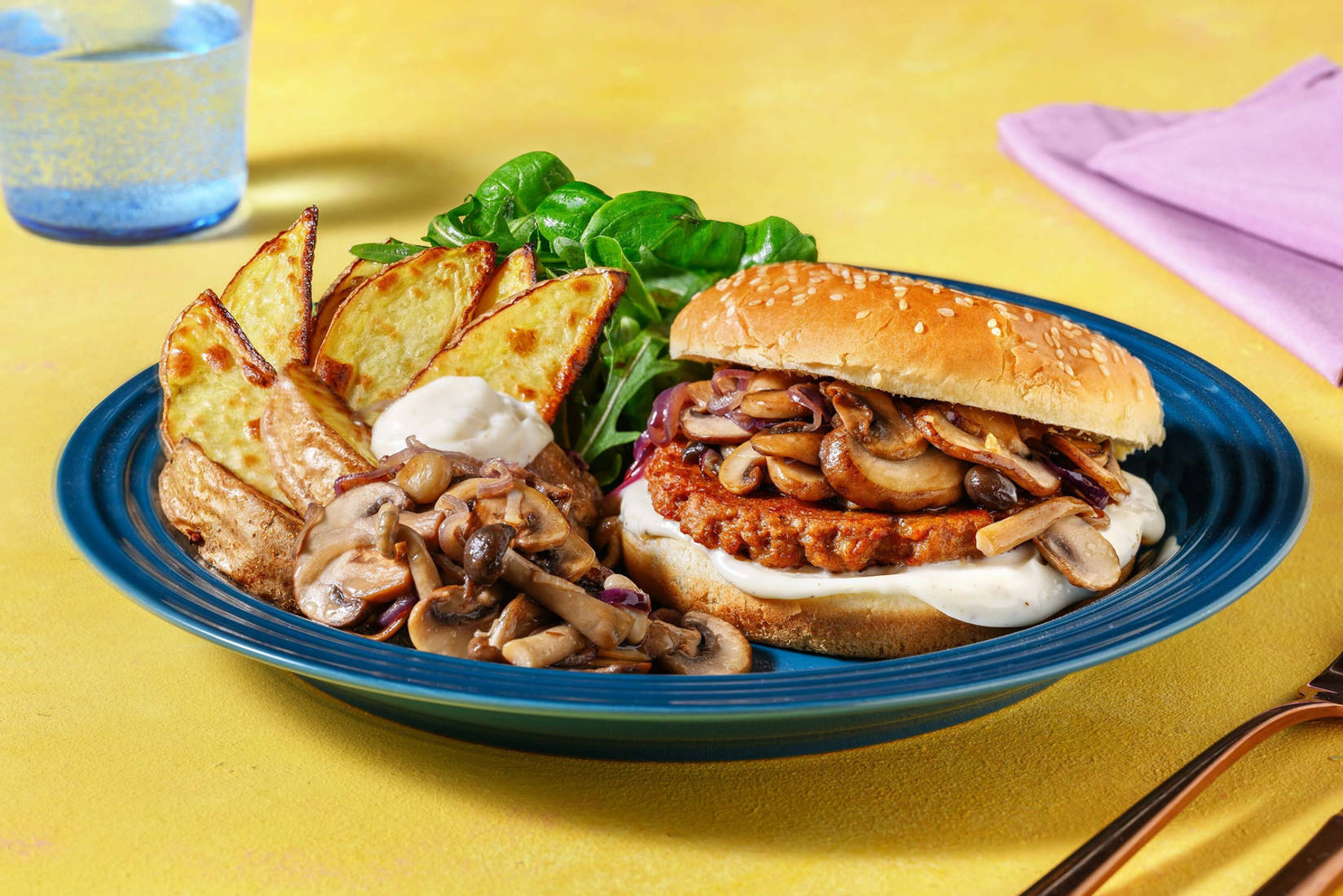 Vegetarische hamburger met gebakken ui en champignons