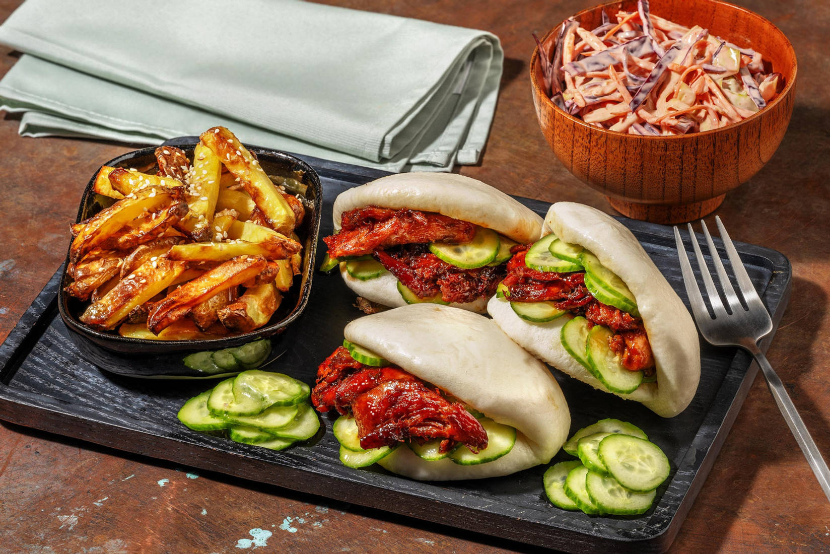 Hoisin Duck Bao and Sesame Fries