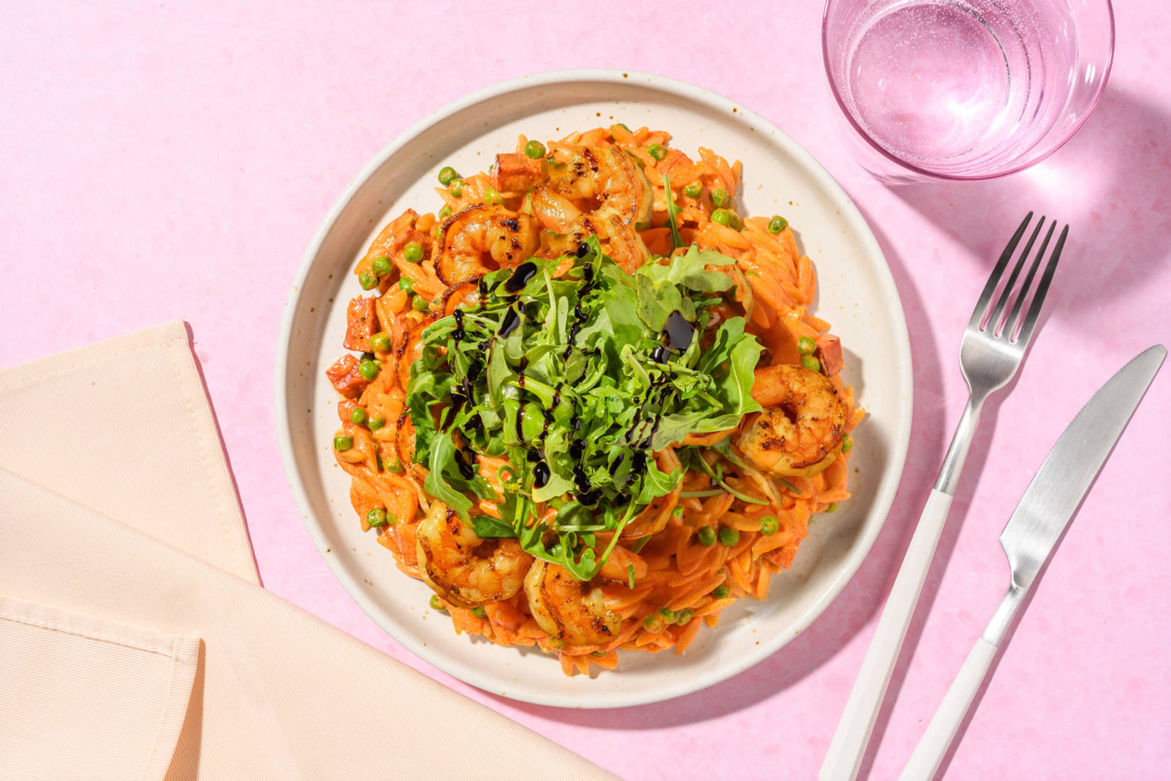Speedy Chorizo, Pea and Prawn Orzo