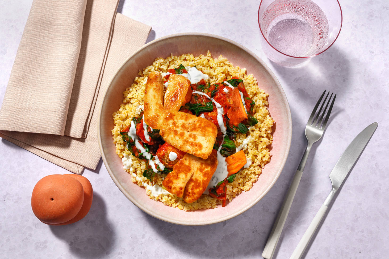 Halloumi and Falafels in Harissa Sauce