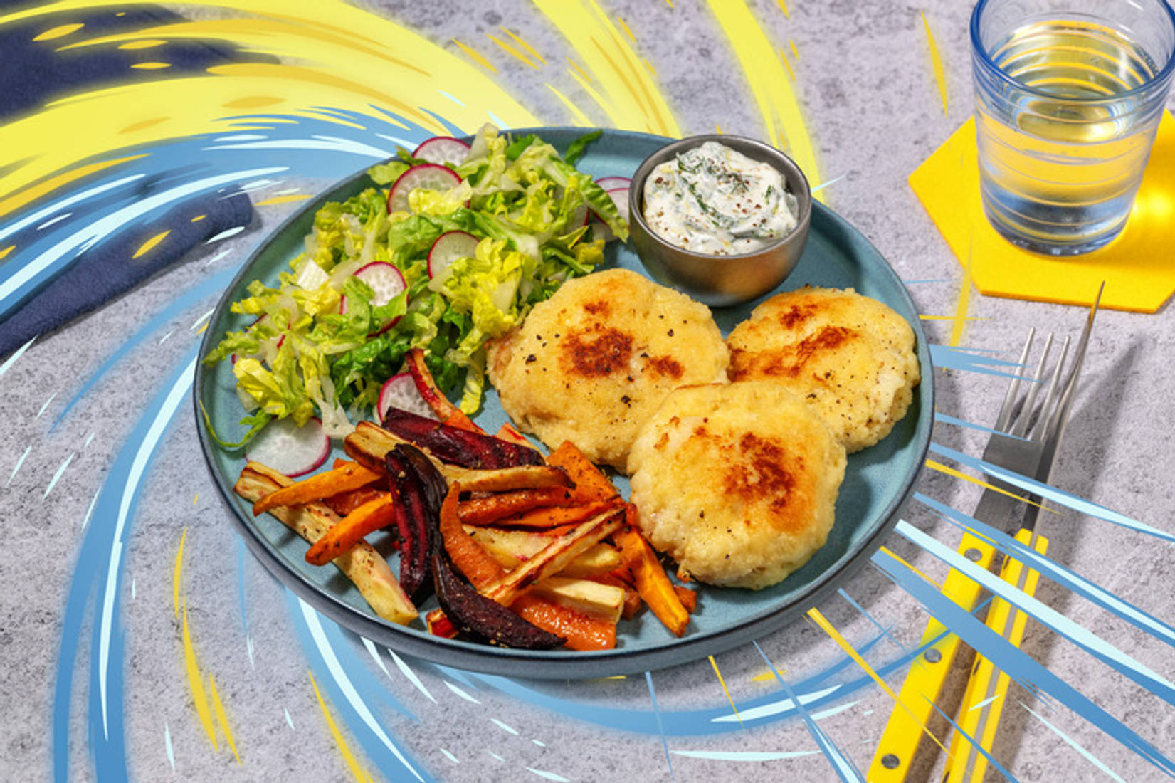 Sprøde fiskekager og grøn salat