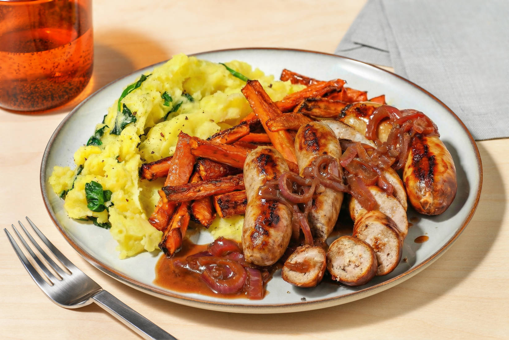 Honey Mustard Double Sausages and Homemade Onion Gravy