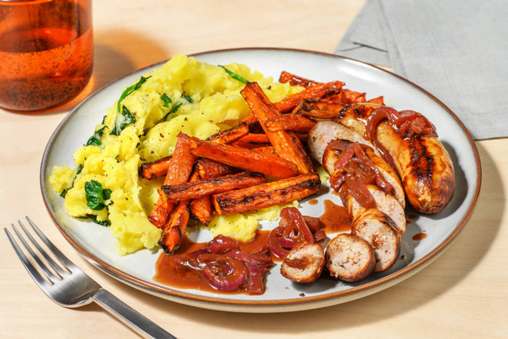 Honey Mustard Double Sausages and Homemade Onion Gravy