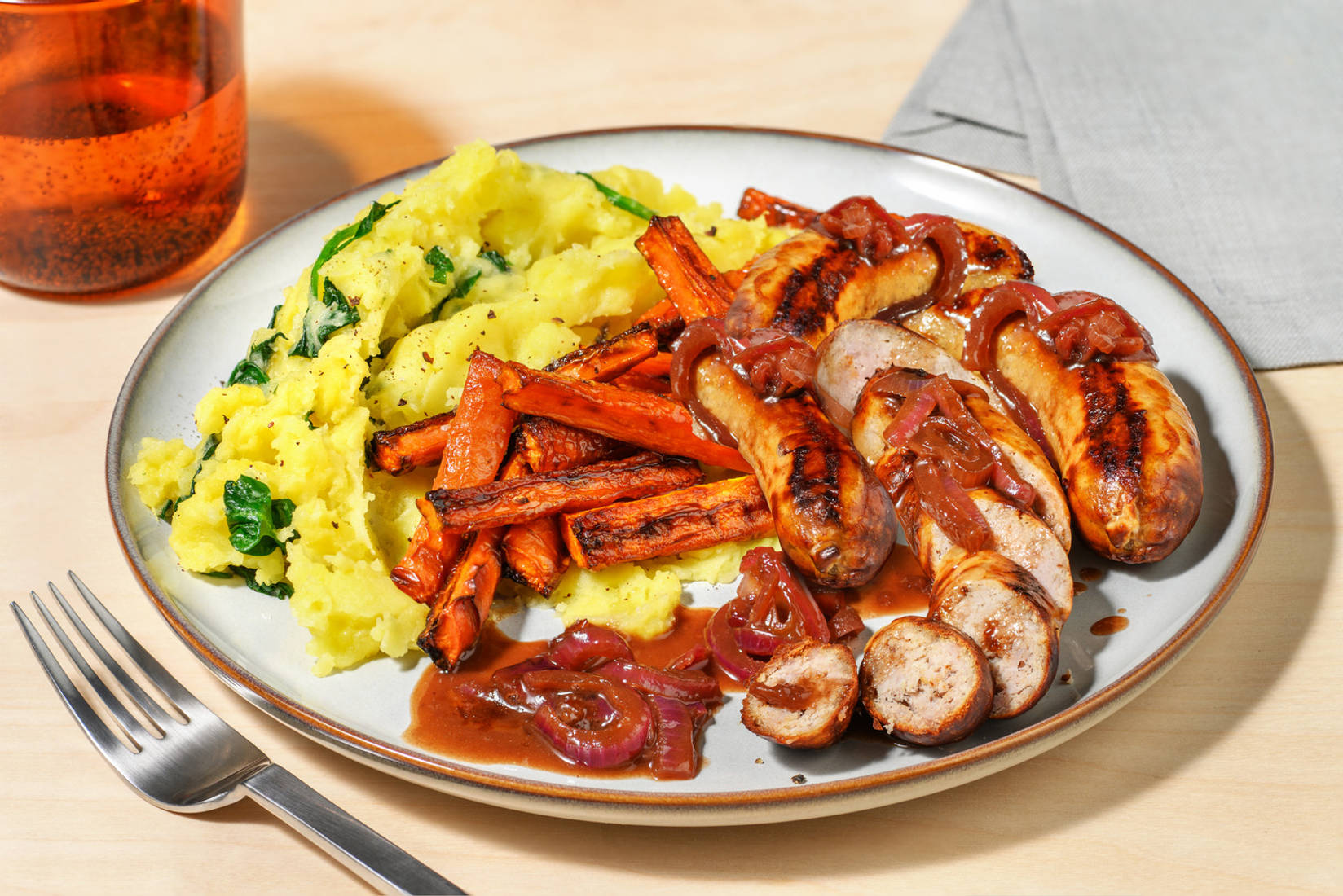 Honey Mustard Double Sausages and Homemade Onion Gravy