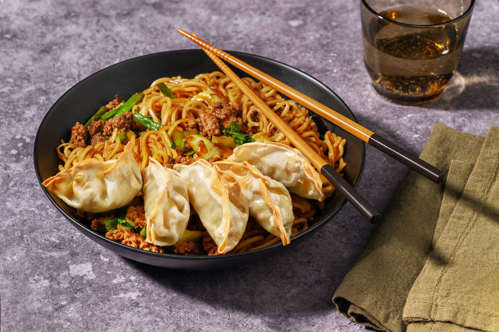 Quick Teriyaki Beef Noodles and Vegetable Gyozas