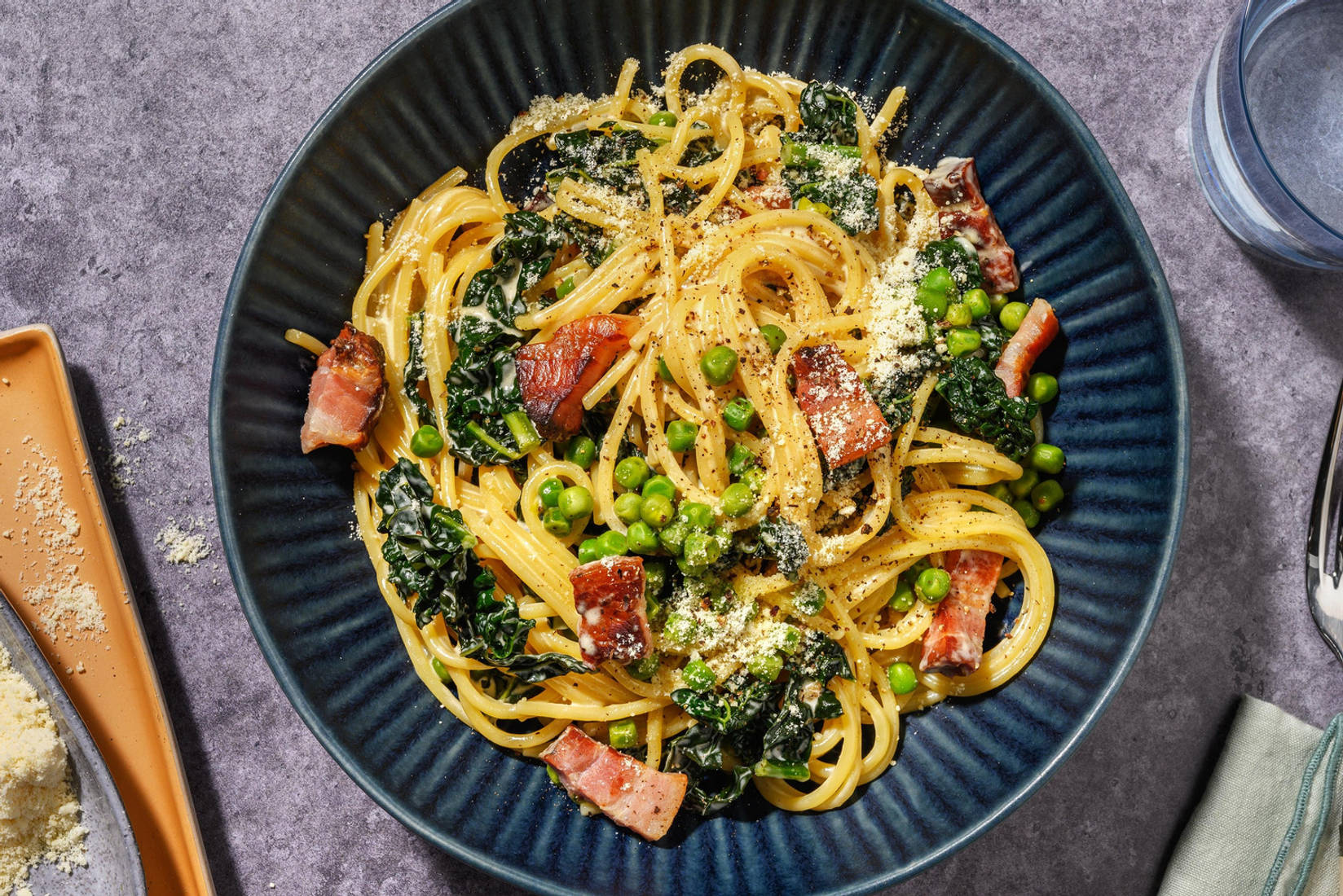 Easy Peasy Double Bacon and Pea Pesto Spaghetti