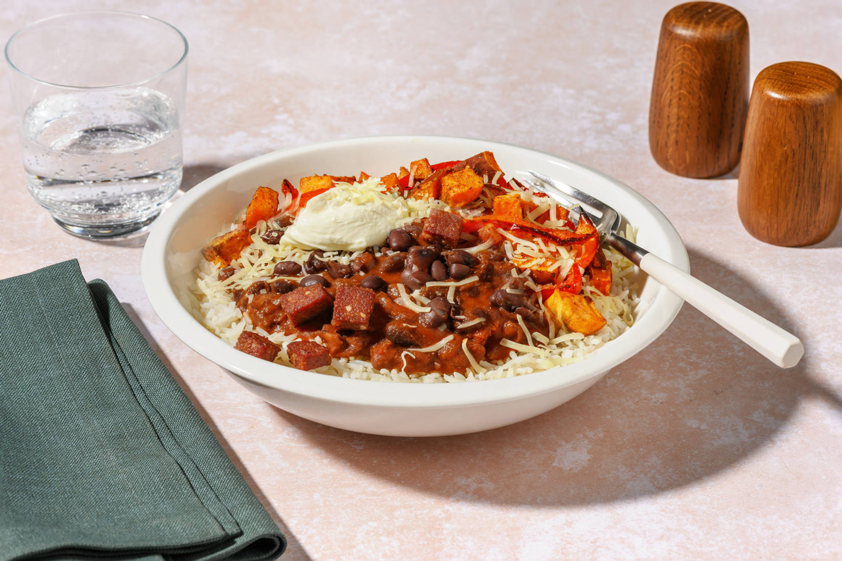 Chorizo, Sweet Potato and Refried Bean Burrito Bowl