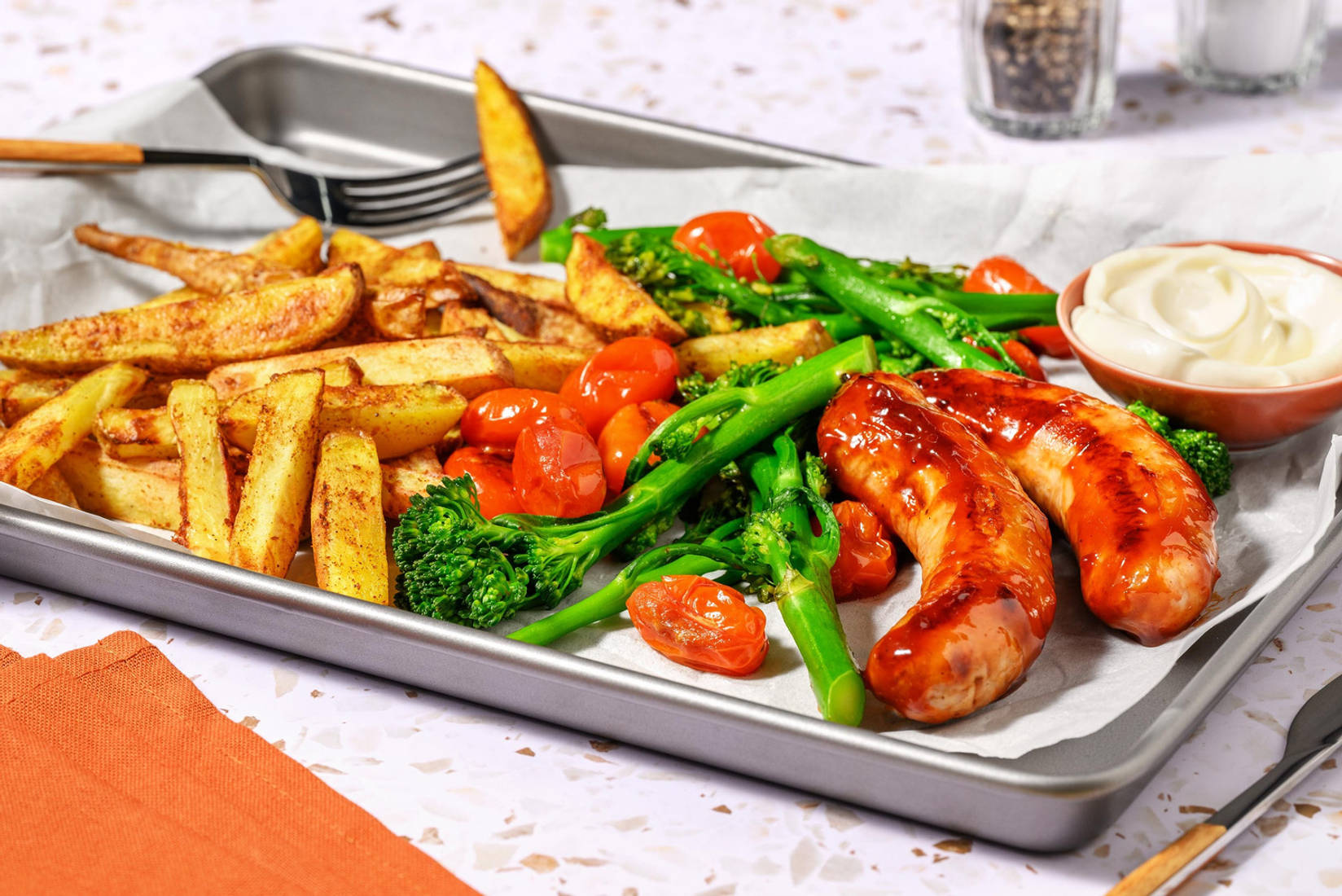 BBQ Glazed Honey Mustard Double Sausage Traybake