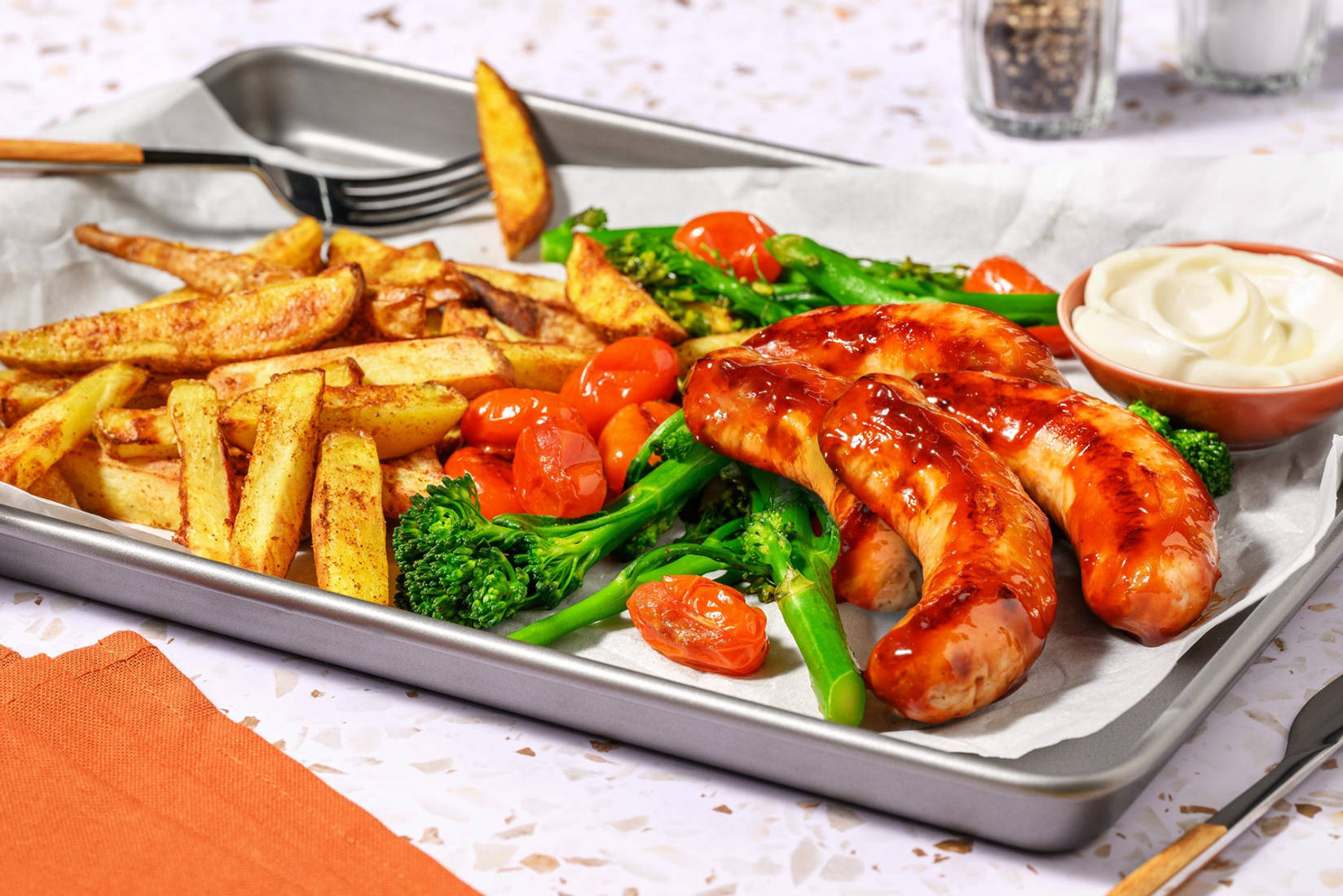 BBQ Glazed Honey Mustard Double Sausage Traybake