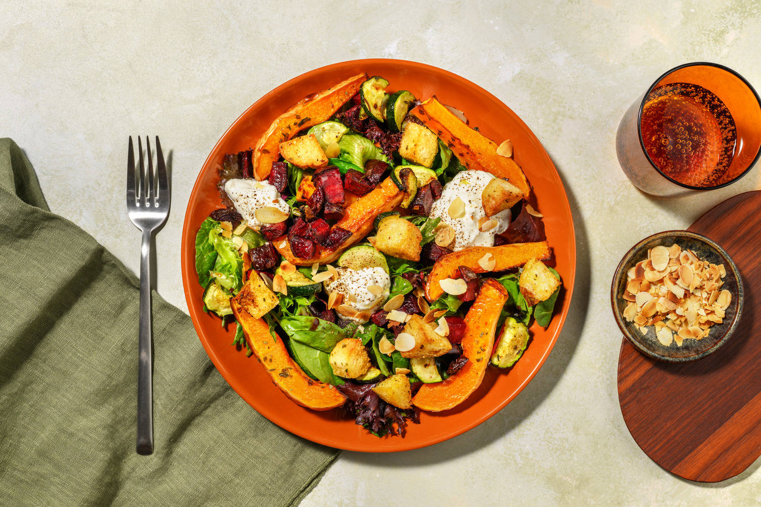 Garlicky Pumpkin Salad, Salmon & Goat Cheese Yoghurt