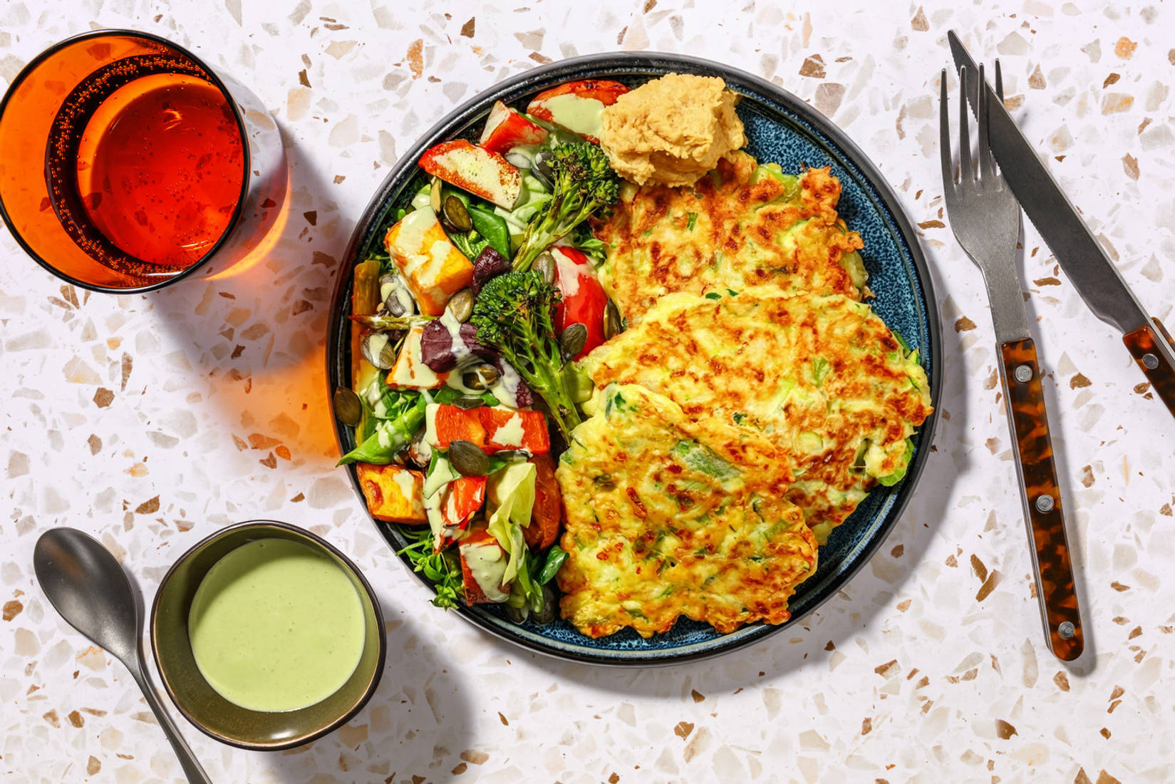 Cheesy Zucchini Fritters, Haloumi & Veggie Salad