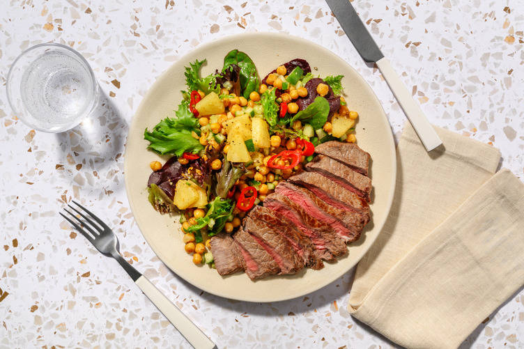 Seared Beef Rump, Haloumi & Caribbean Chickpea Salad