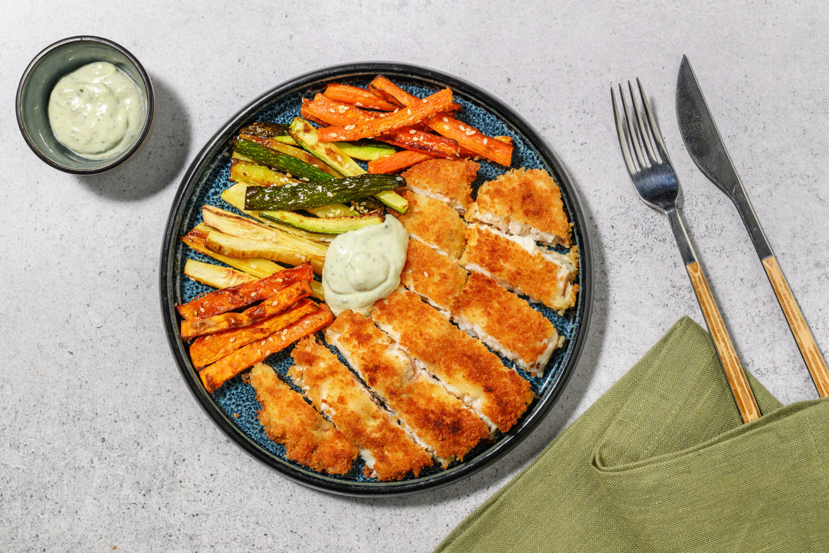 Crumbed Fish & Rainbow Veggie Fries
