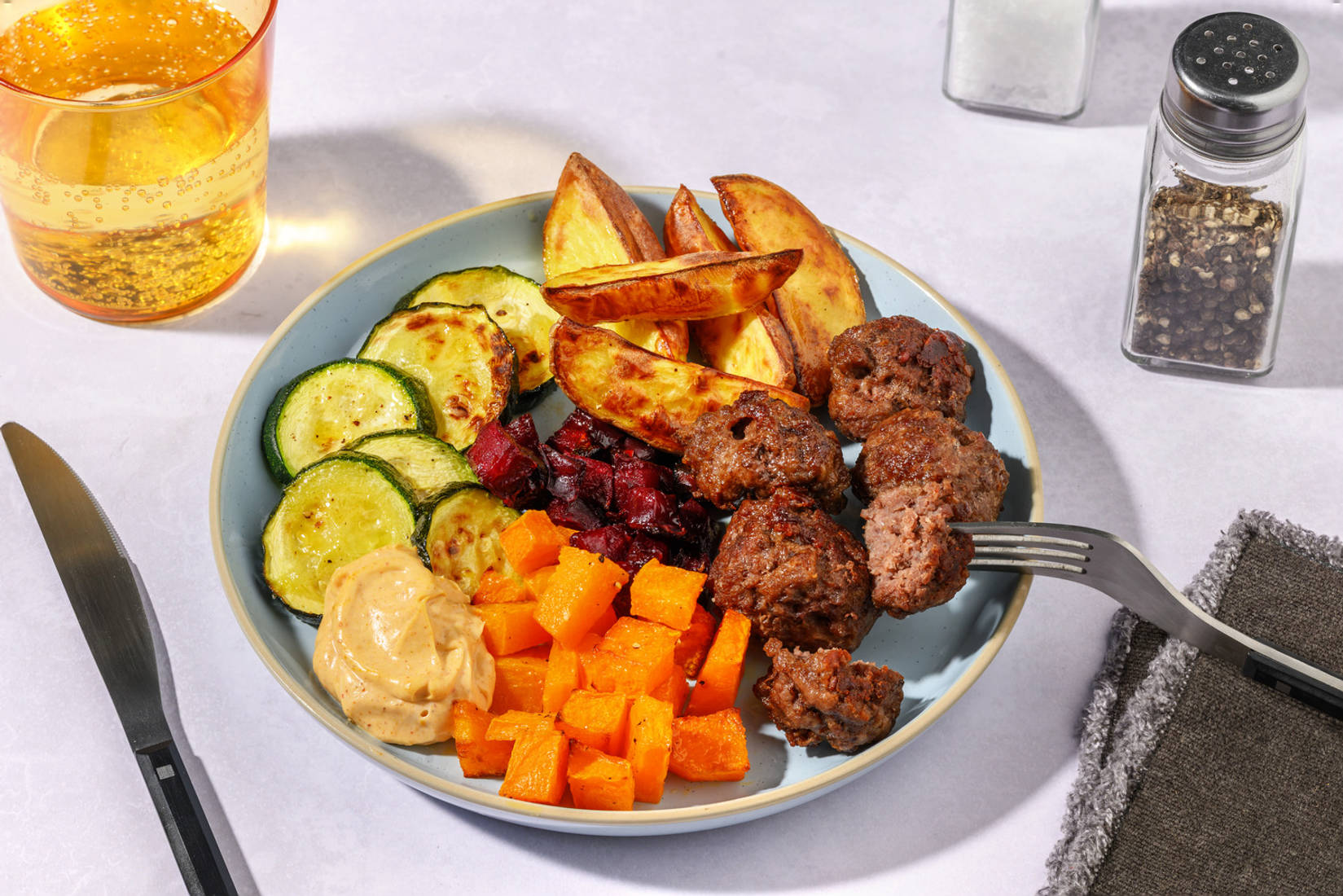 Beef Meatballs & Rainbow Veggie Traybake 