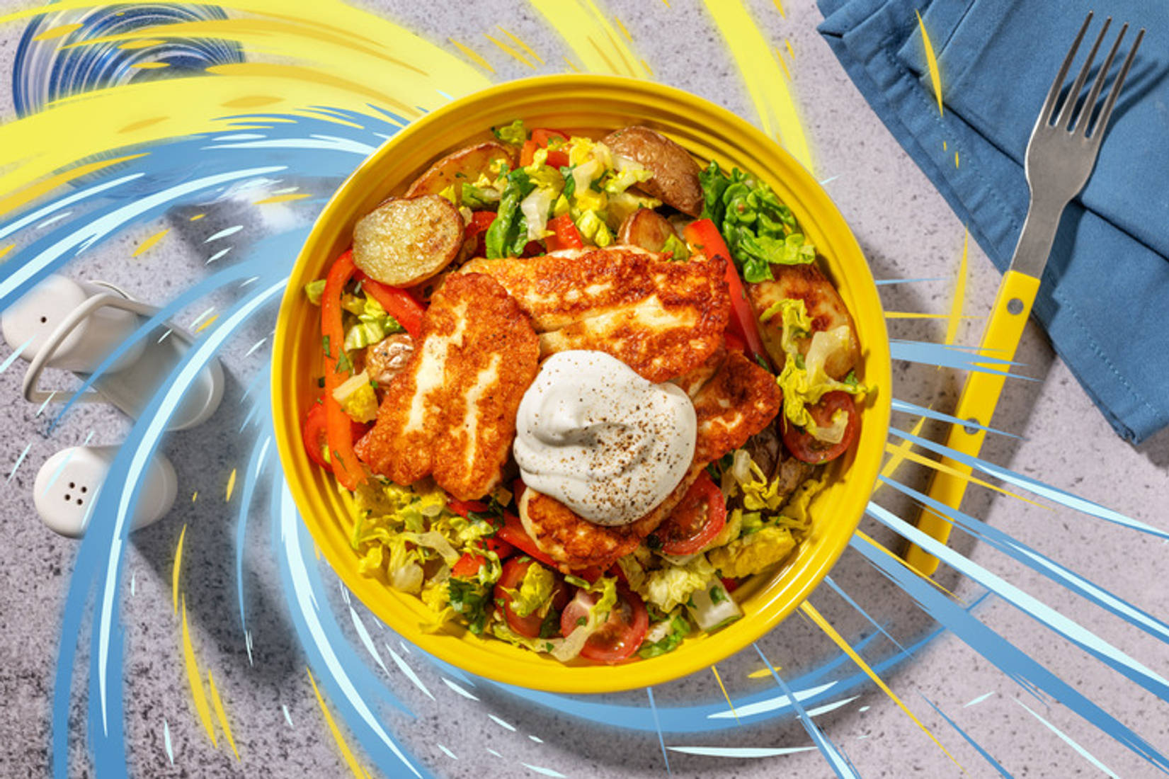 Grön grekisk halloumisallad och bakad potatis