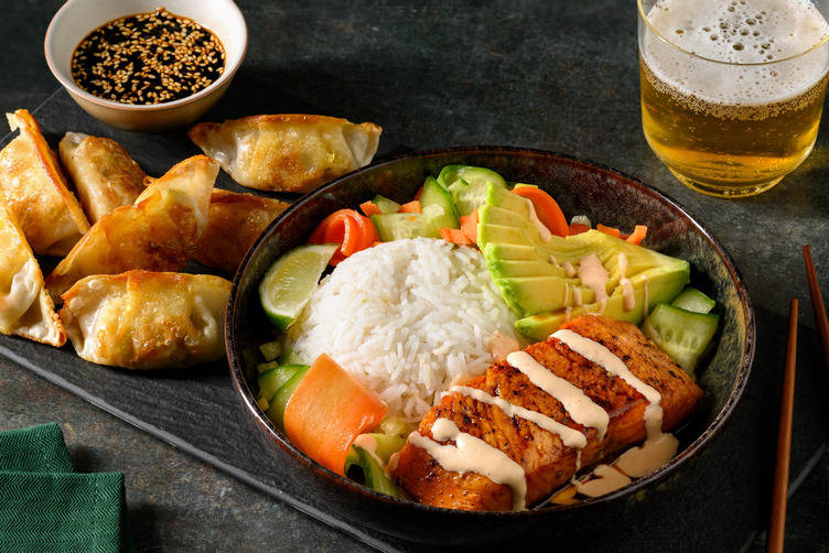 Teriyaki-laks og grøntsagsgyoza