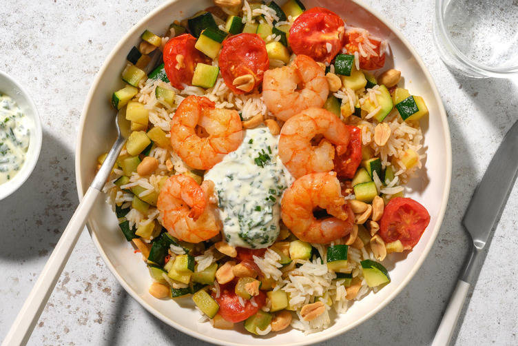 Mazzancolle in insalata tiepida di riso e zucchine