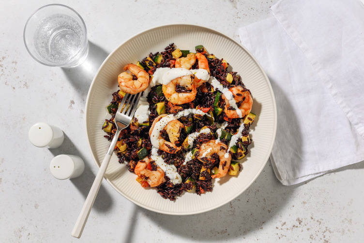 Mazzancolle,  riso nero e verdure dell'orto