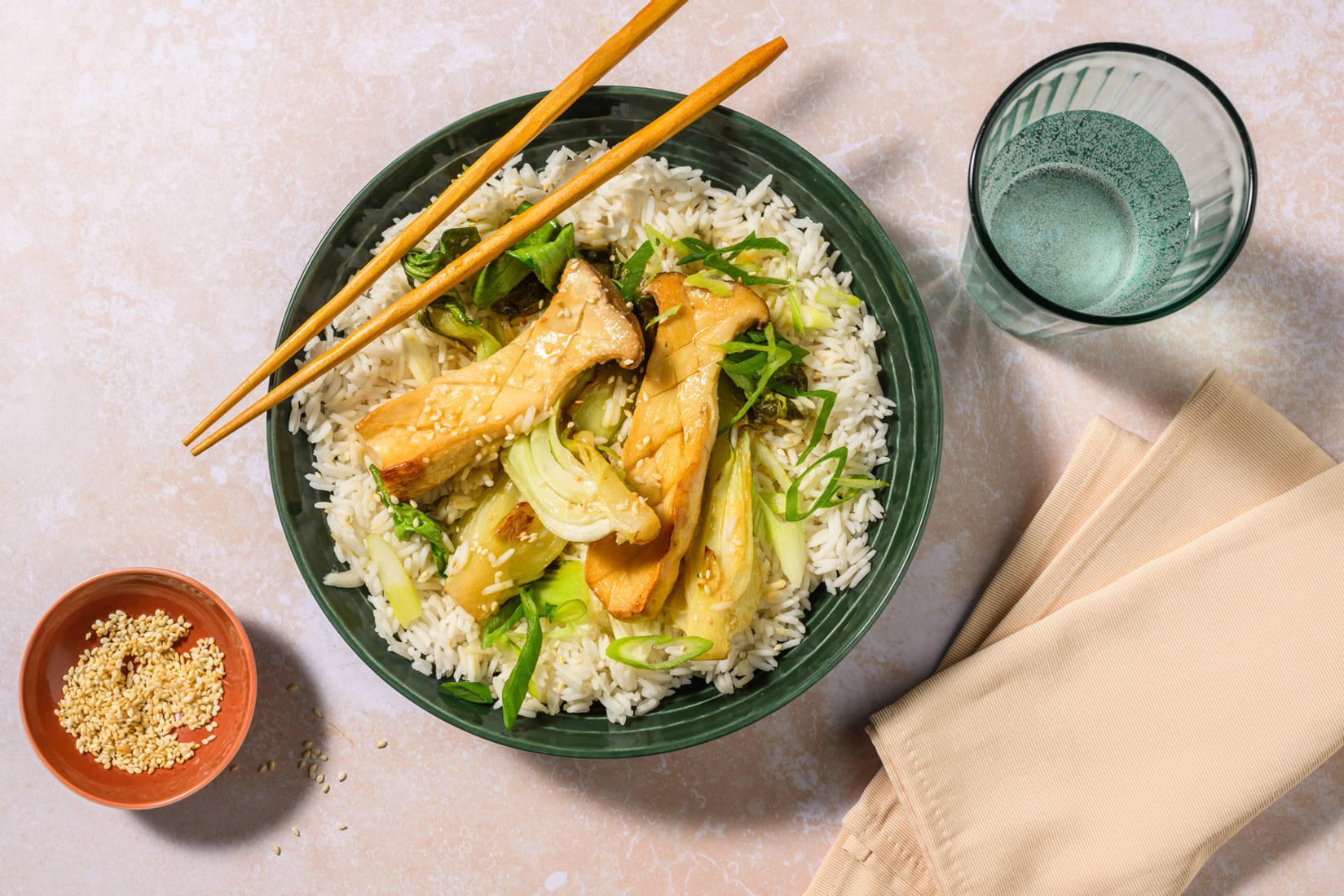 Riso al cipollotto e funghi cardoncelli al miso