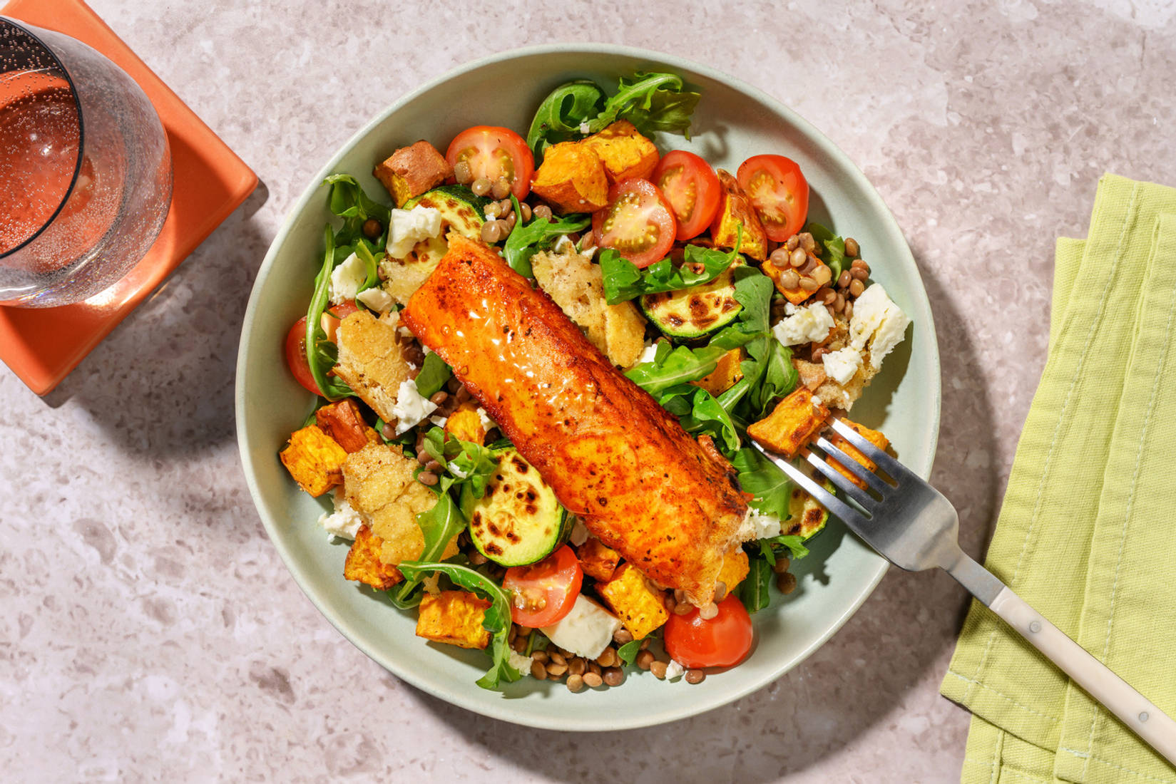 Warming Spiced Charred Courgette, Lentil and Salmon Salad