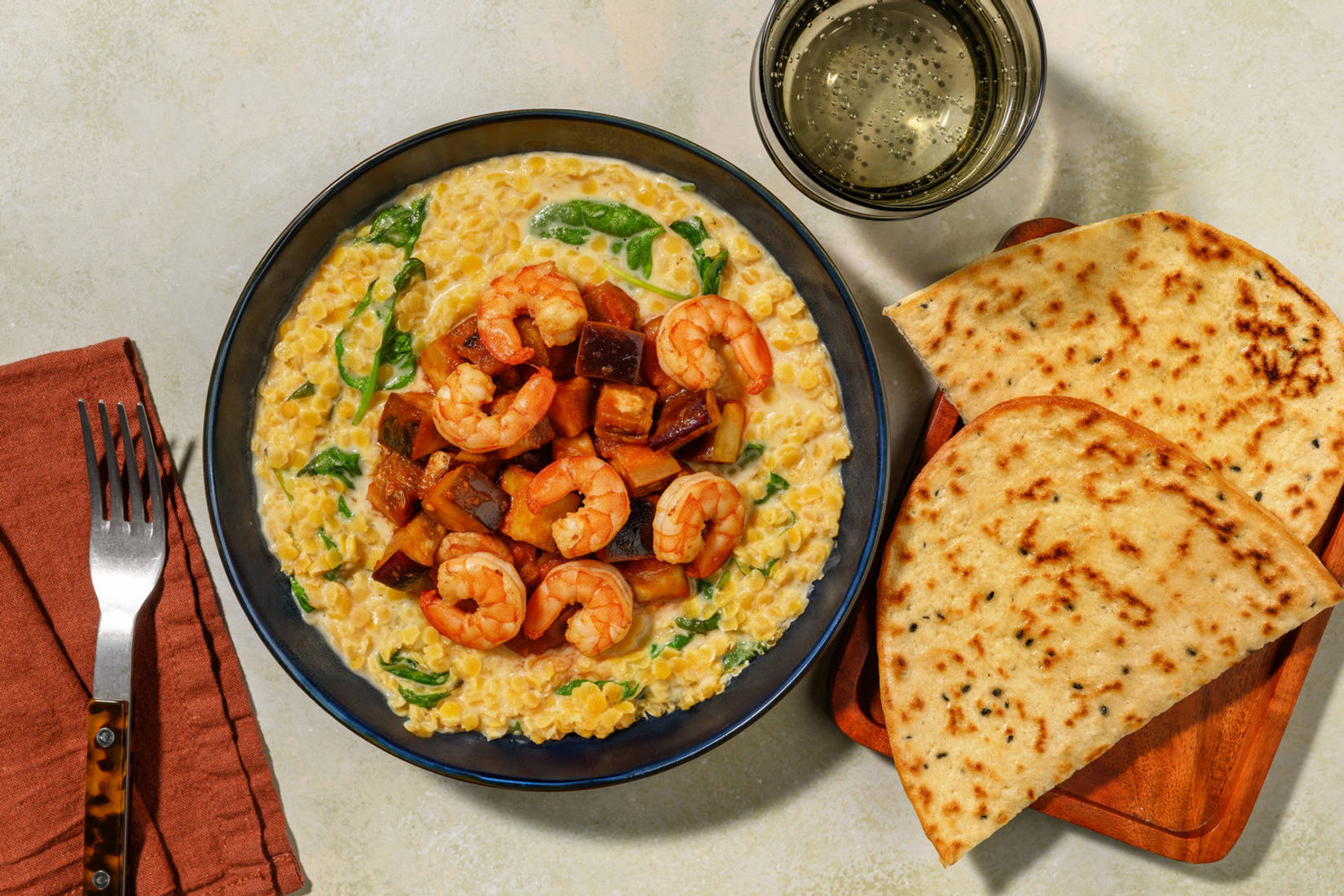 West African Style Spiced Prawns, Dal and Pickled Aubergine