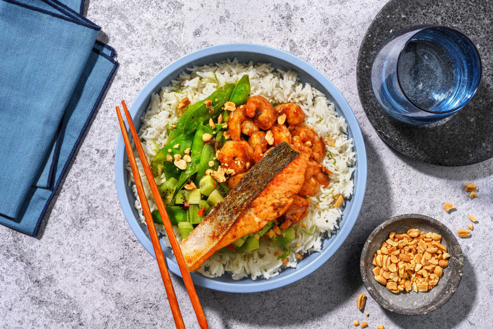 Teriyaki Prawn and Salmon Poke Style Bowl 