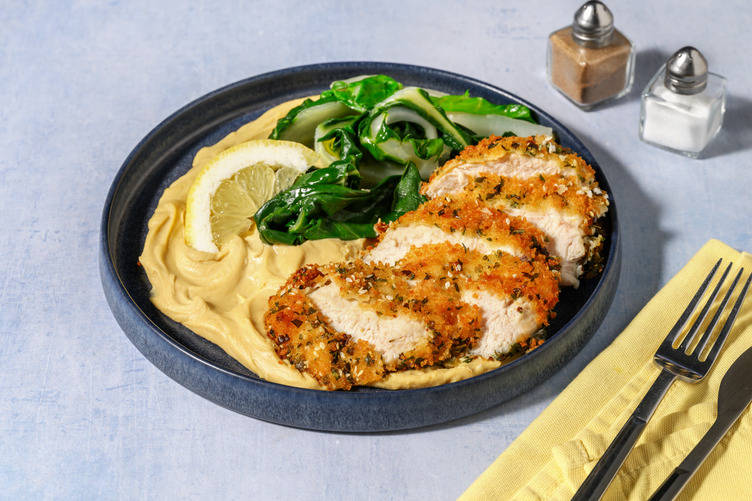 Cotoletta di pollo al sesamo e crema di ceci