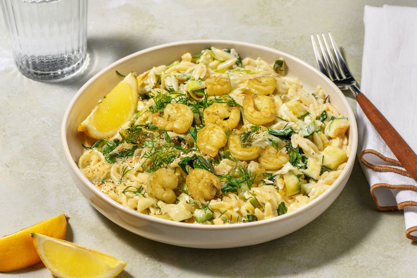 Spanakopita Inspired Creamy Prawn, Lemon and Dill Orzo