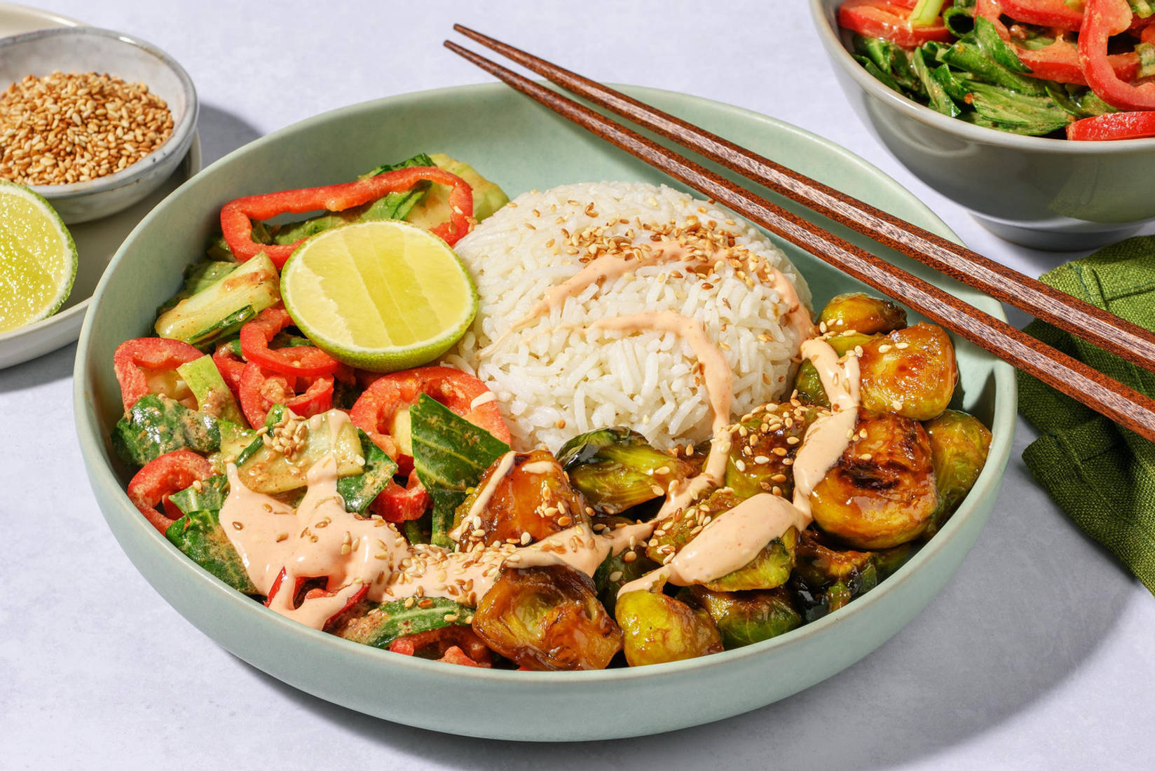 Rosenkohl in Hoisin-Sesam-Marinade auf Reis