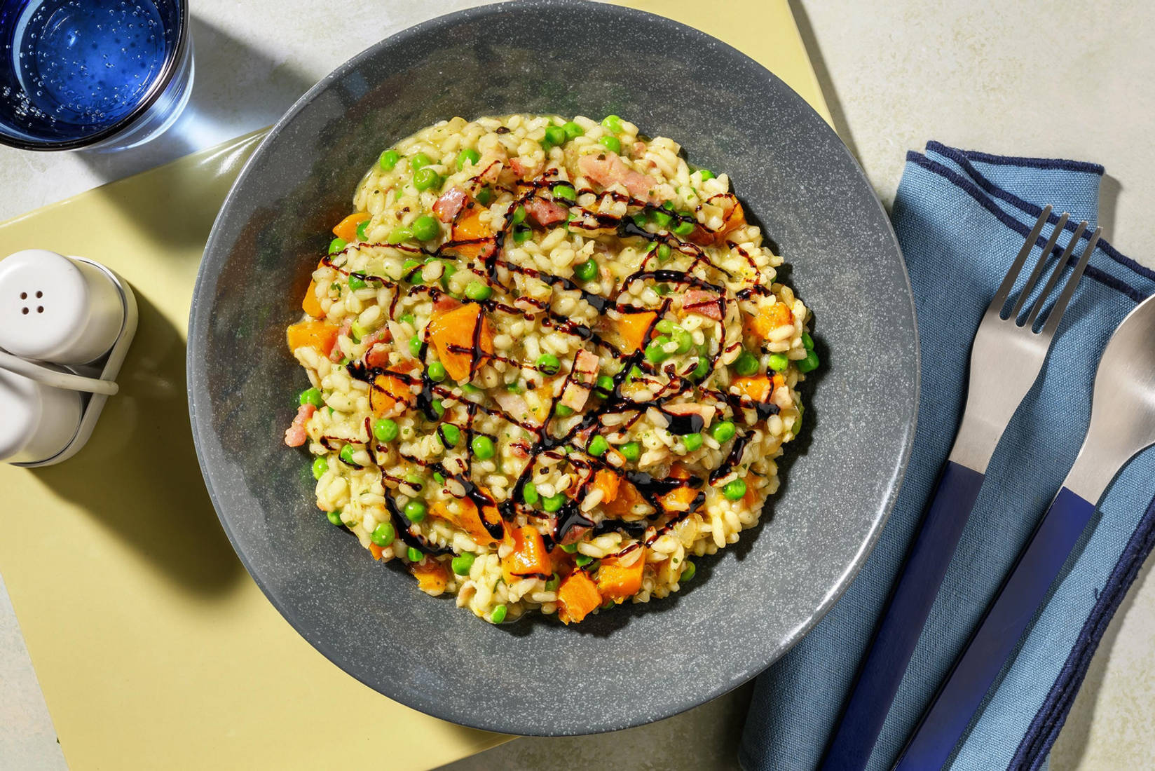 Oven-Baked Double Bacon, Butternut and Pea Risotto