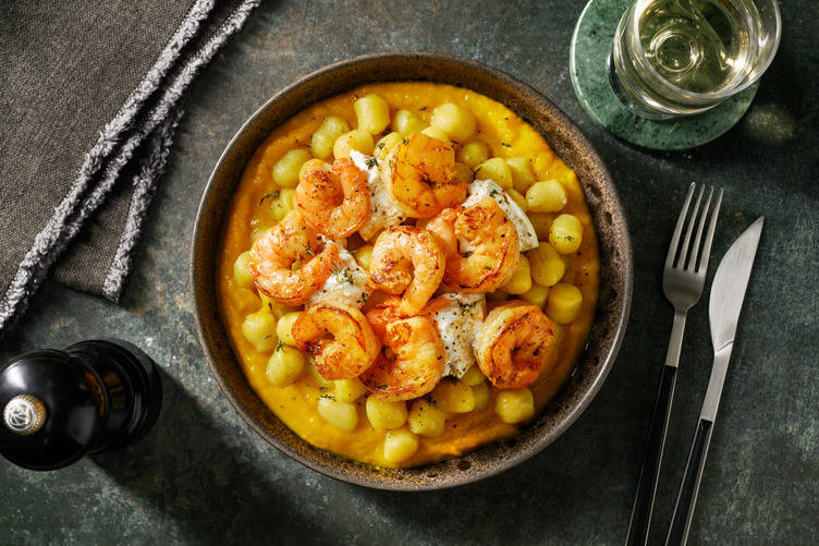 Mazzancolle sfumate all'arancia e burrata a fiocchi