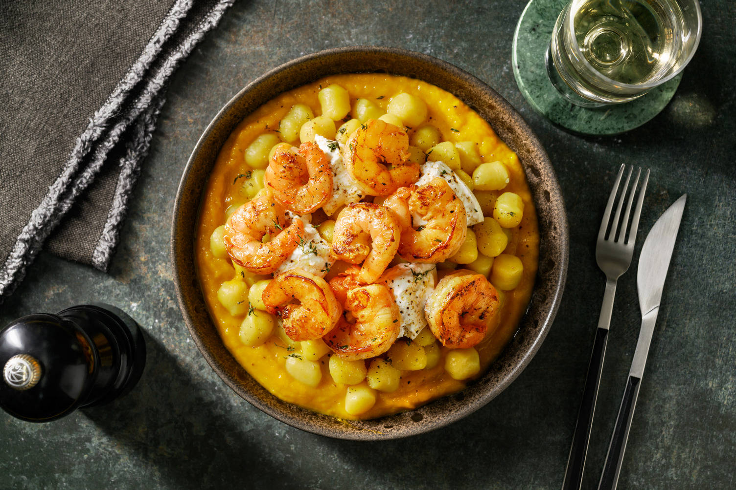 Mazzancolle sfumate all'arancia e burrata a fiocchi