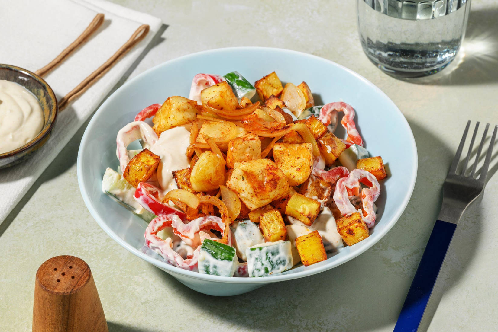 Würfelsalat mit Harissa-Grillkäse 