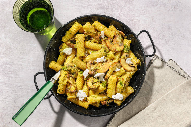 Rigatoni chèvre-poireau au pesto verde