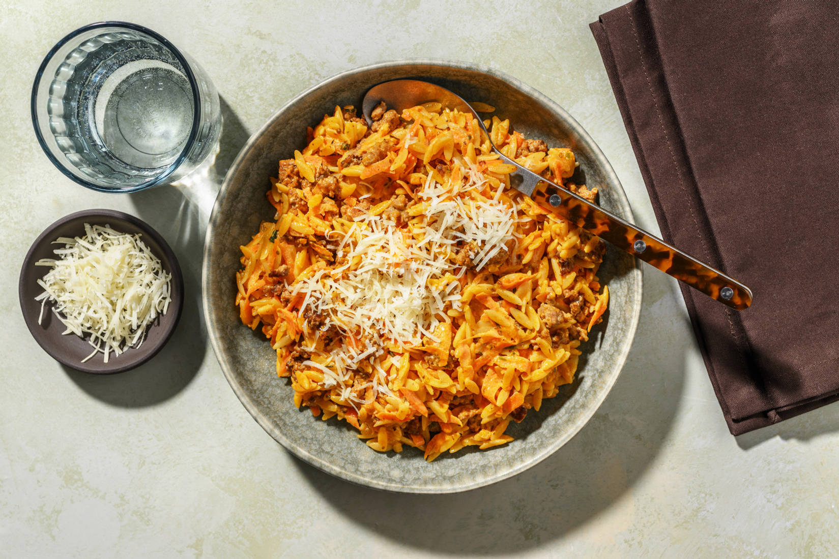 Orzo, bœuf haché & duo de fromages