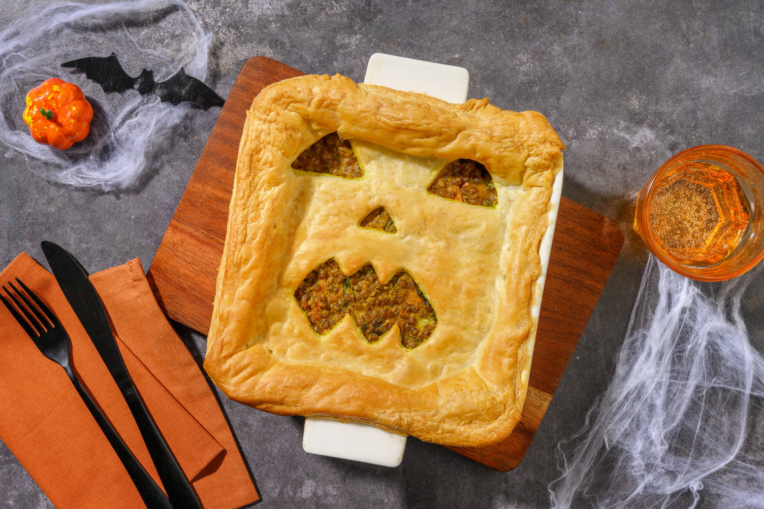 Spooky Curried Sweet Potato and Lentil Pie