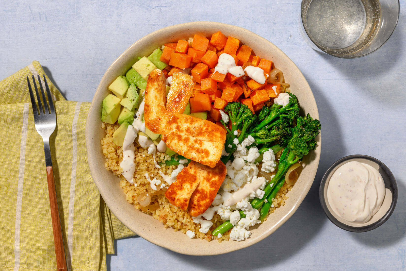 Halloumi, Harissa Sweet Potato and Avocado Bulgur Bowl