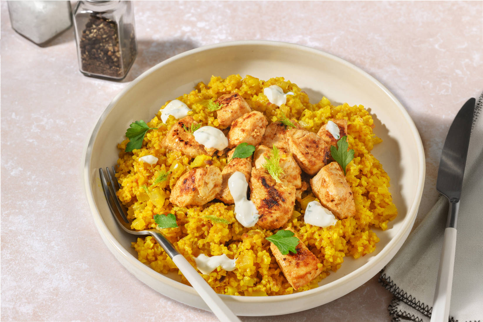 Poulet façon chich taouk, labneh & fenouil