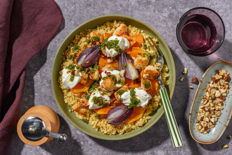 Poulet, courge & sauce zhoug pimentée