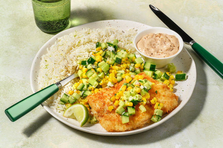 Lieu pané à la coco & salsa de maïs-concombre