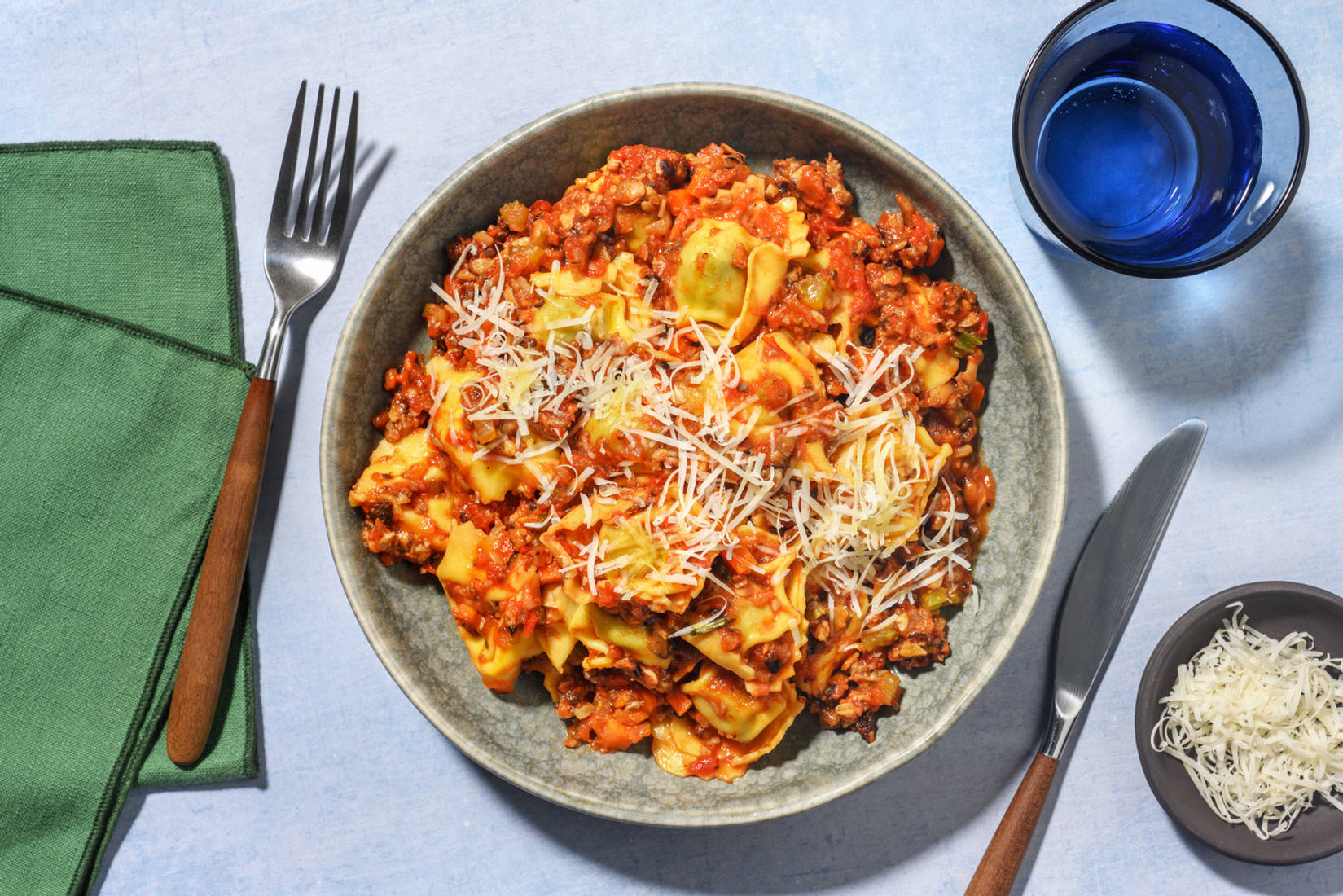 Tortelloni ricotta-épinards & bolo veggie