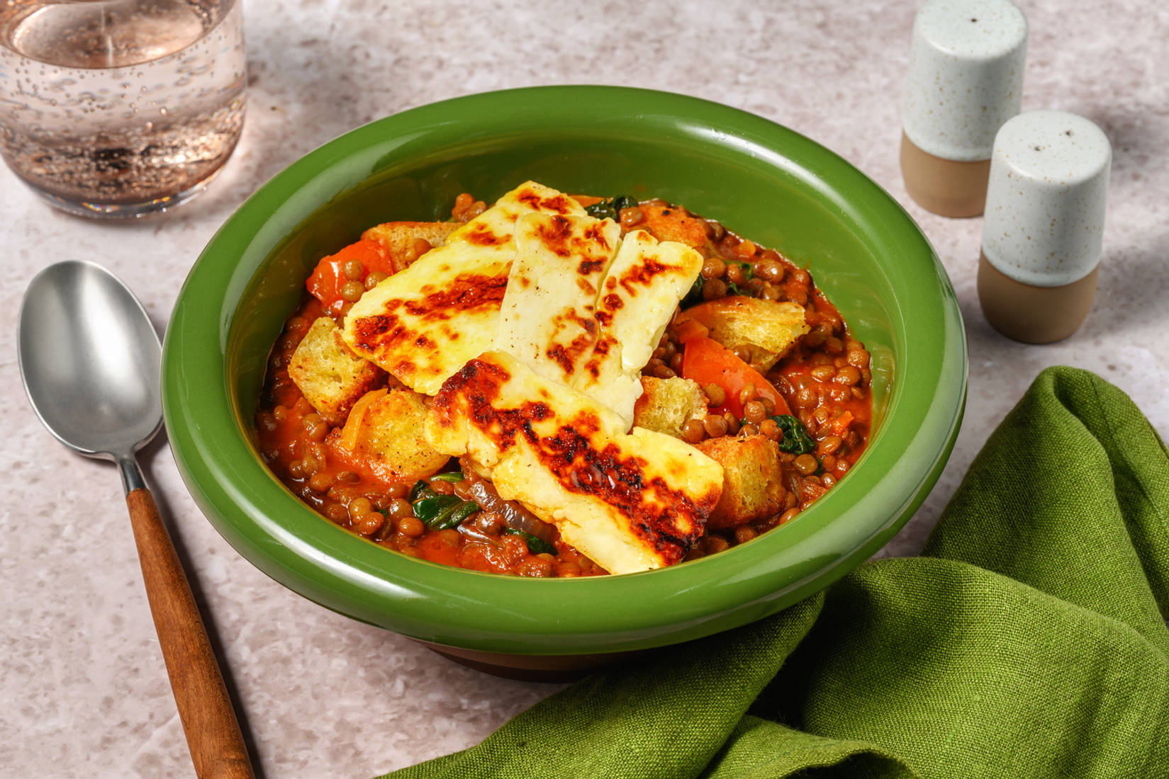 Pan-Fried Halloumi on Harissa Lentils