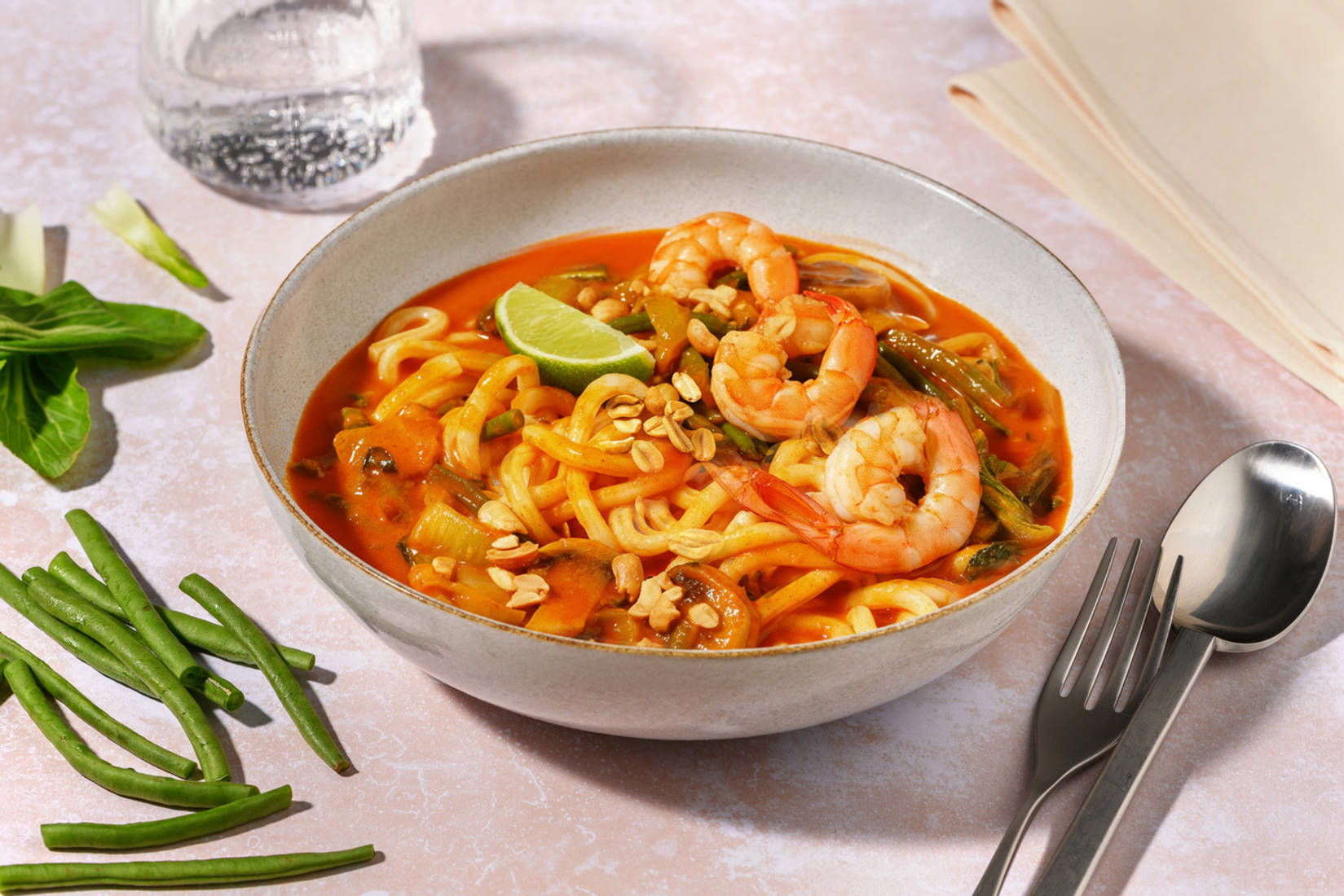 One Pan Red Thai Style Coconut Prawn Udon Soup