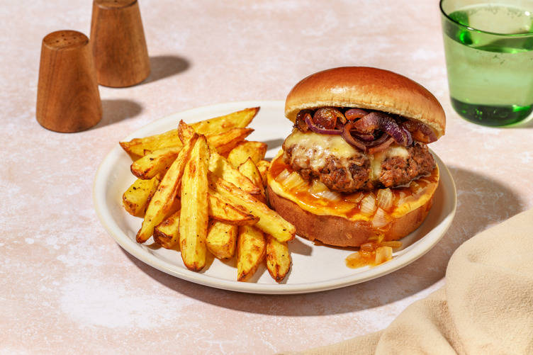 Burger de bœuf, chutney d'oignons & gouda