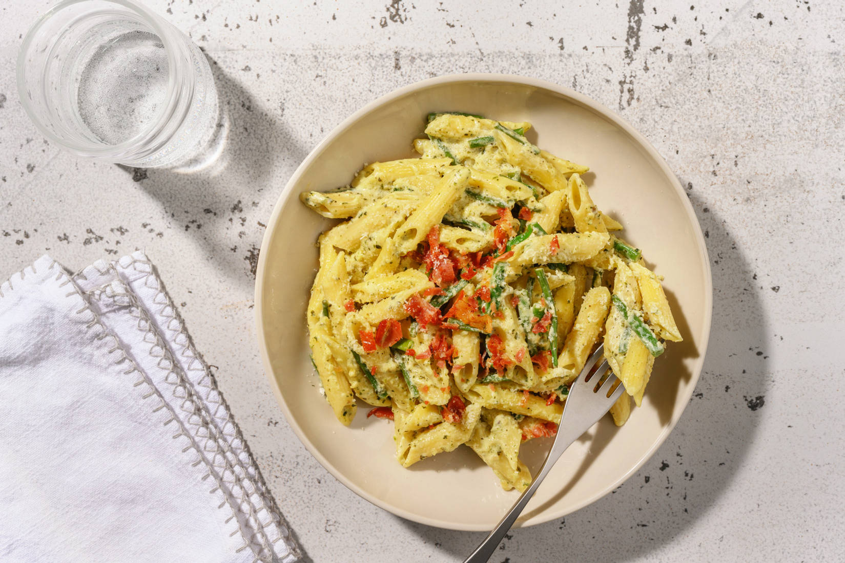 Crispy Serrano Ham Topped Pesto Penne