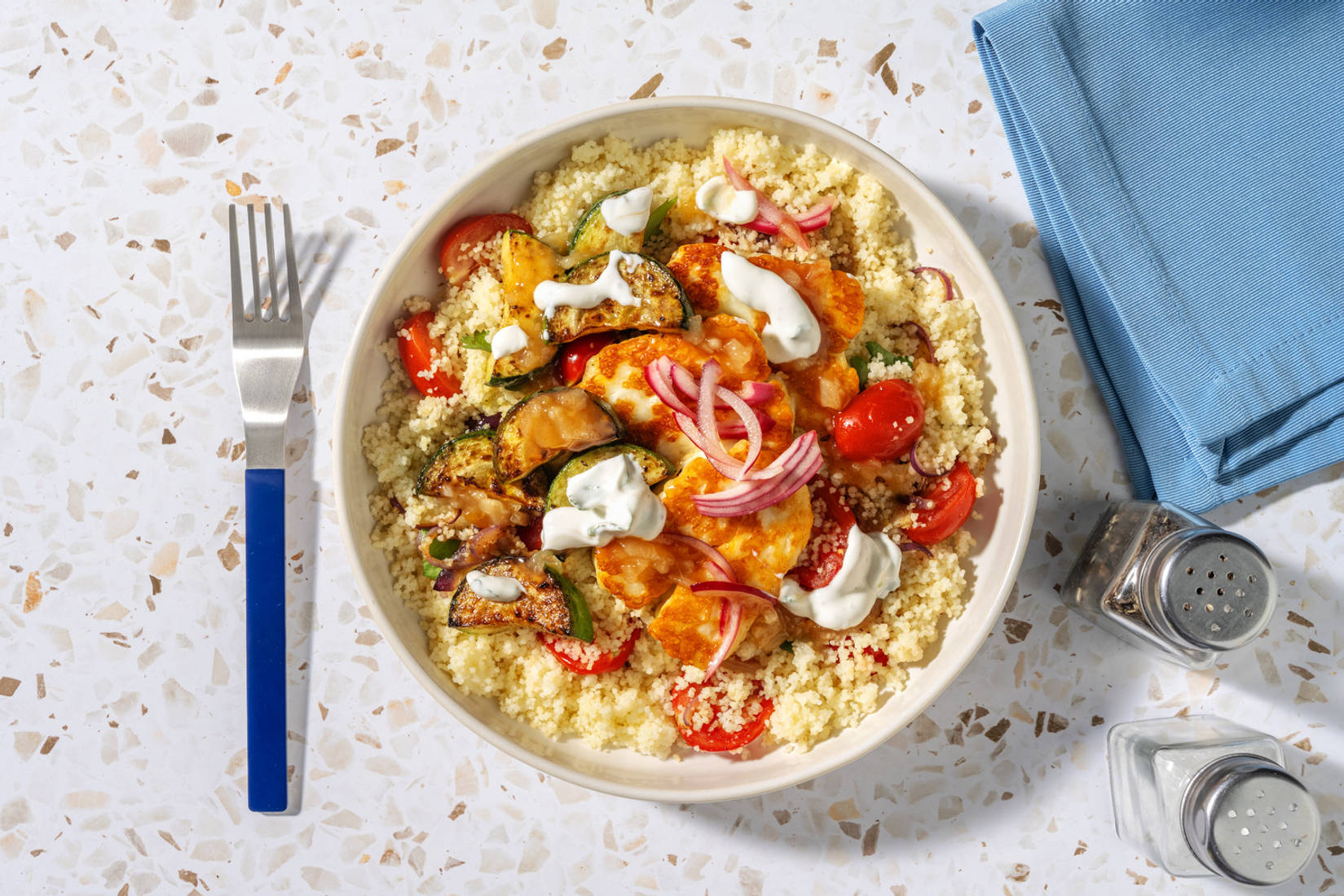 Chermoula Halloumi & Courgette on Couscous 