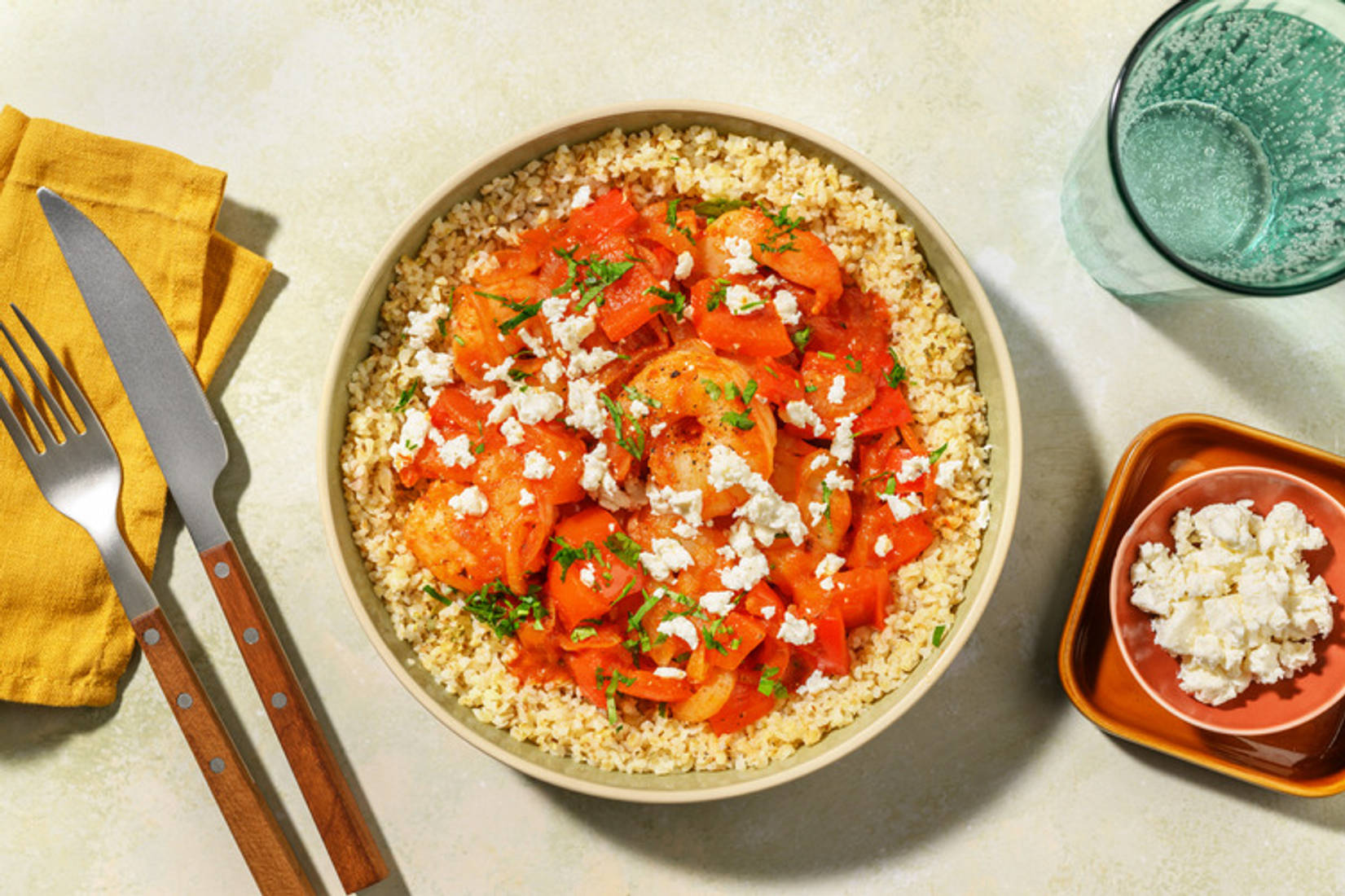 Mazzancolle Saganaki al sugo e formaggio greco