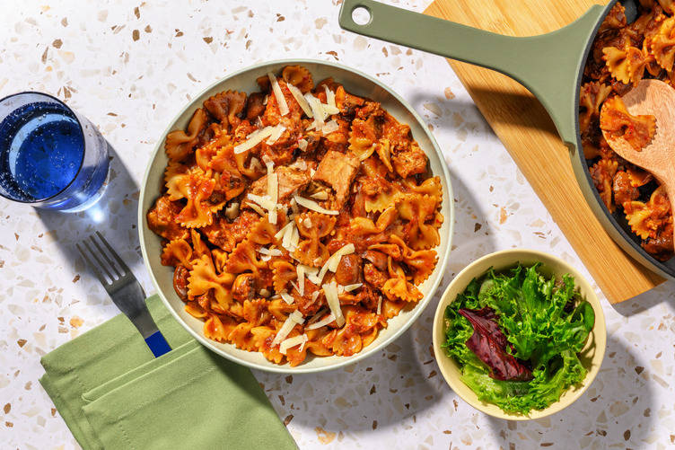 Le Végé : farfalle forestières aux émincés veggie